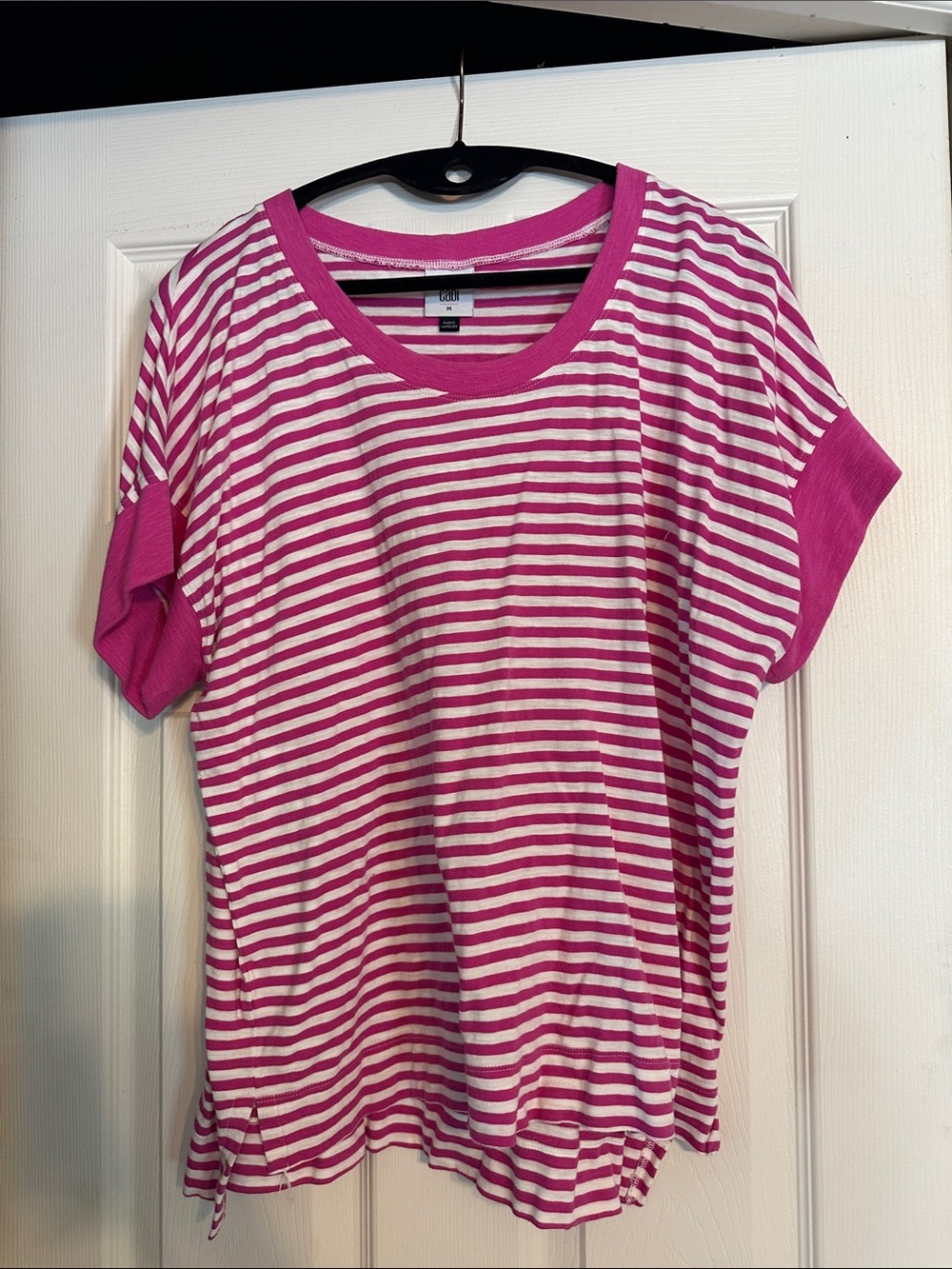 CAbi Pink & White Striped Short Sleeve Top